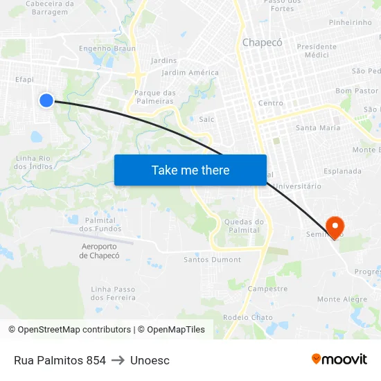 Rua Palmitos 854 to Unoesc map