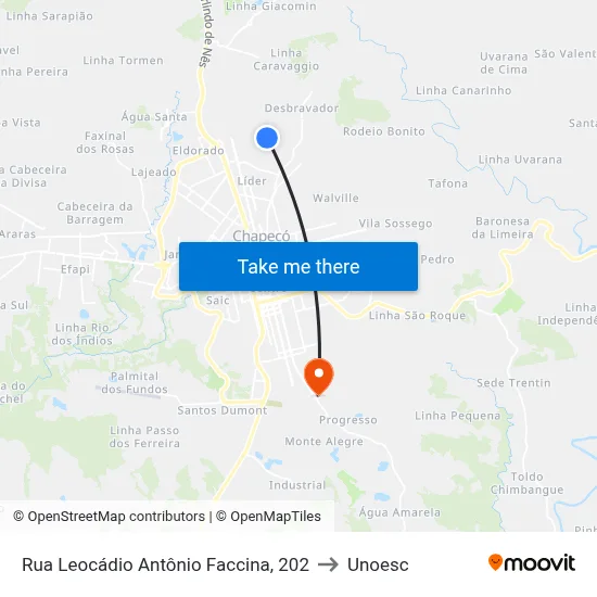 Rua Leocádio Antônio Faccina, 202 to Unoesc map