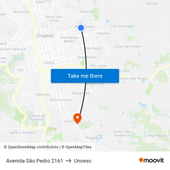 Avenida São Pedro 2161 to Unoesc map