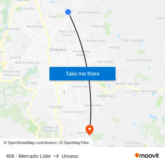 406 - Mercado Lider to Unoesc map