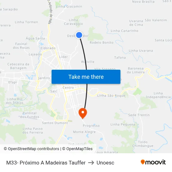 M33- Próximo A Madeiras Tauffer to Unoesc map