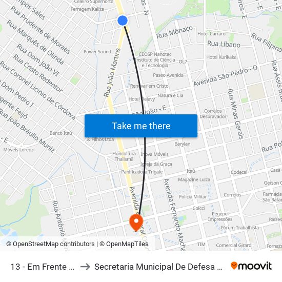 13 - Em Frente A Bigolin B/C to Secretaria Municipal De Defesa Do Cidadão E Mobilidade map