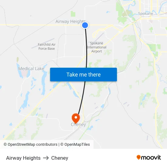 Airway Heights to Cheney map