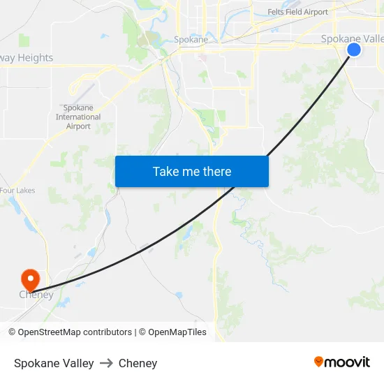 Spokane Valley to Cheney map