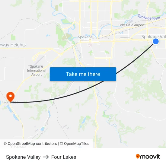 Spokane Valley to Four Lakes map