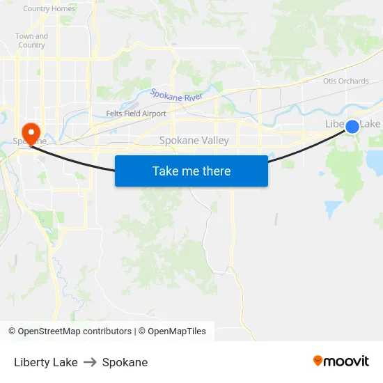 Liberty Lake to Spokane map