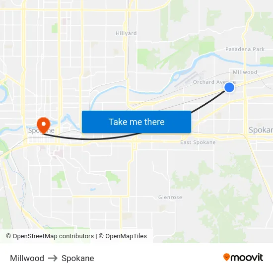 Millwood to Spokane map