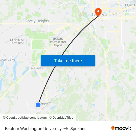 Eastern Washington University to Spokane map