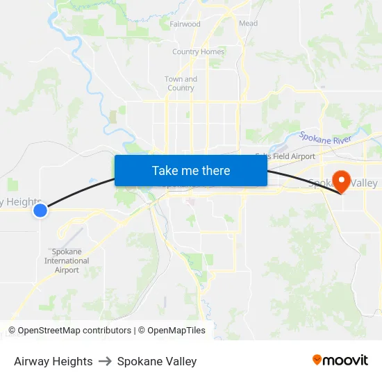 Airway Heights to Spokane Valley map