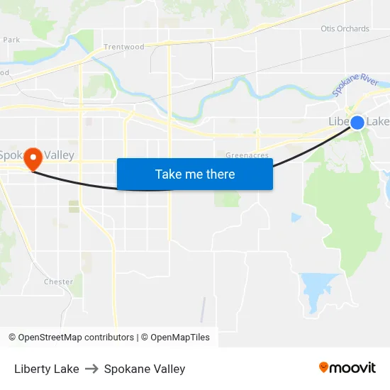 Liberty Lake to Spokane Valley map