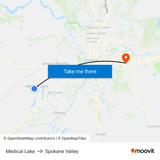 Medical Lake to Spokane Valley map