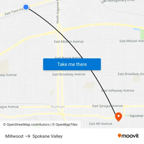 Millwood to Spokane Valley map