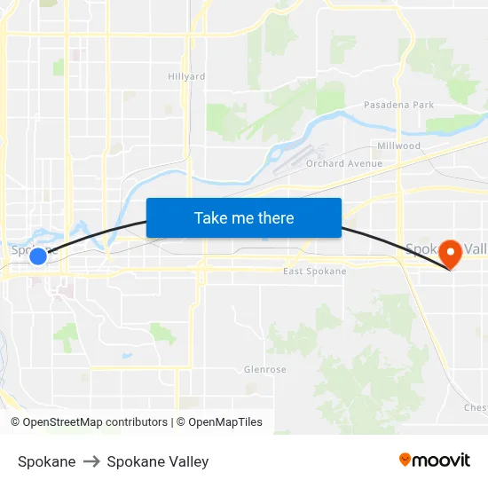 Spokane to Spokane Valley map