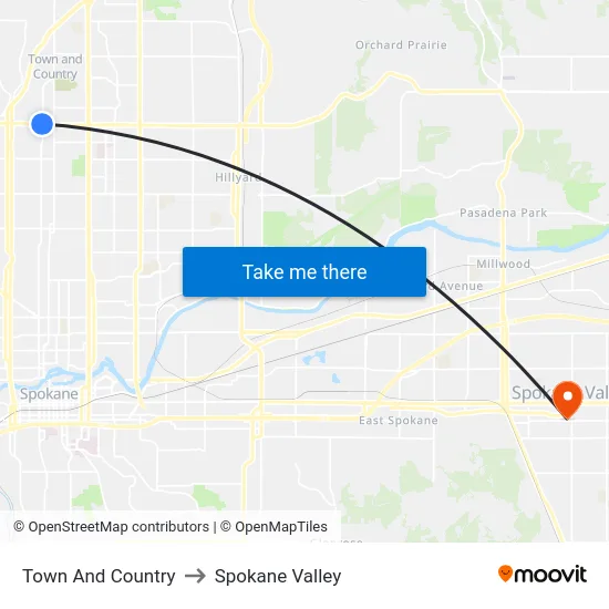 Town And Country to Spokane Valley map