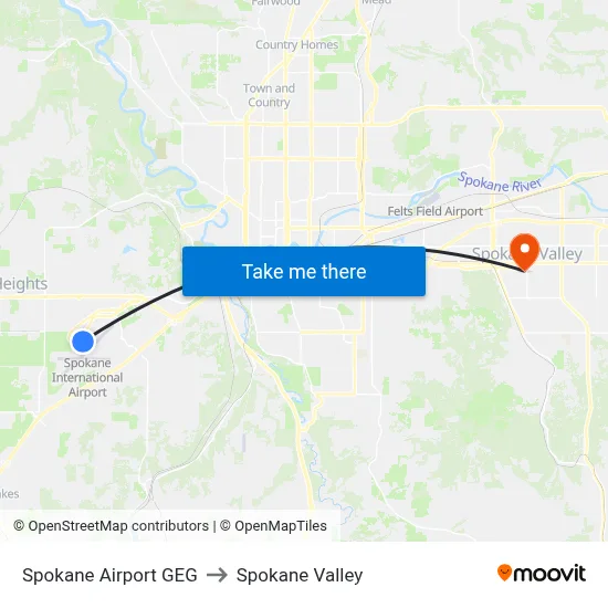 Spokane Airport GEG to Spokane Valley map