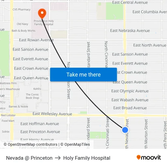 Nevada @ Princeton to Holy Family Hospital map