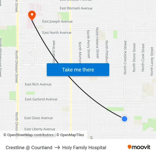 Crestline @ Courtland to Holy Family Hospital map