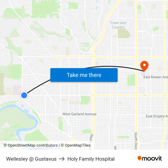 Wellesley @ Gustavus to Holy Family Hospital map