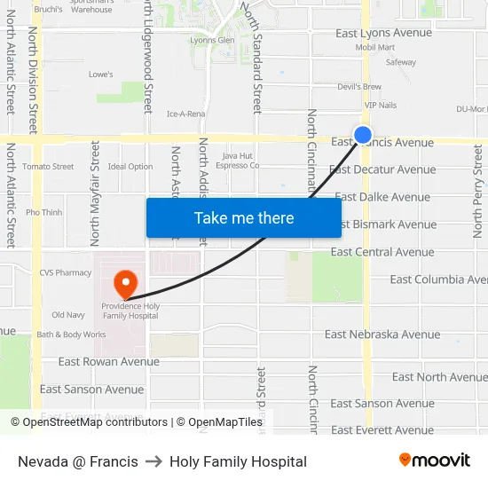 Nevada @ Francis to Holy Family Hospital map