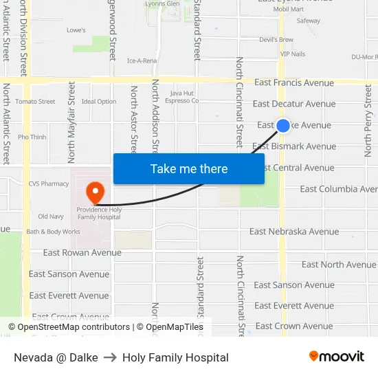 Nevada @ Dalke to Holy Family Hospital map