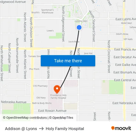 Addison @ Lyons to Holy Family Hospital map