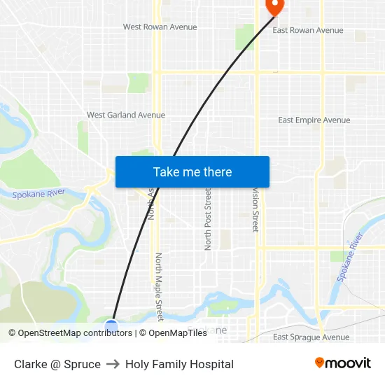 Clarke @ Spruce to Holy Family Hospital map