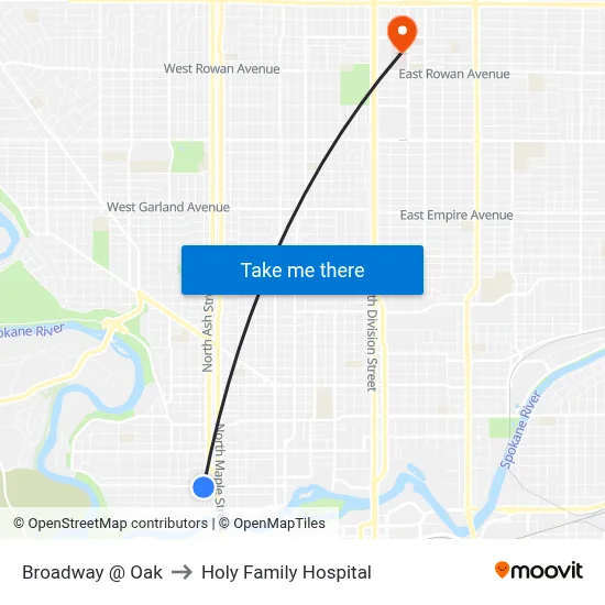 Broadway @ Oak to Holy Family Hospital map