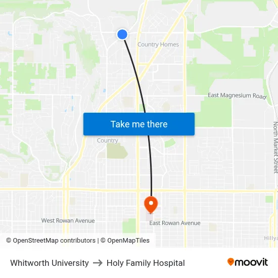 Whitworth University to Holy Family Hospital map