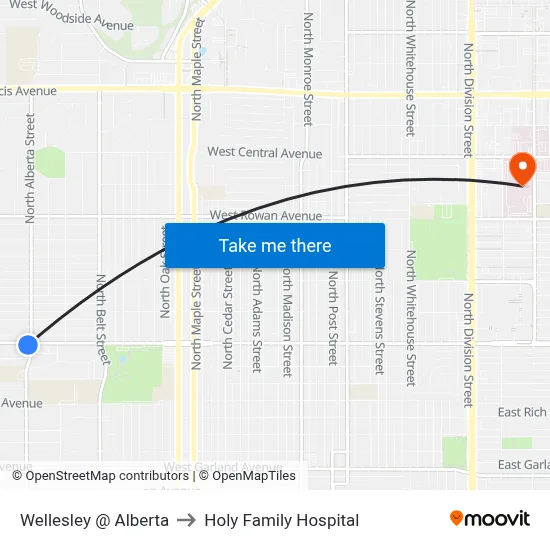 Wellesley @ Alberta to Holy Family Hospital map