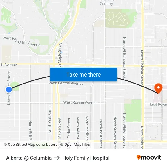 Alberta @ Columbia to Holy Family Hospital map