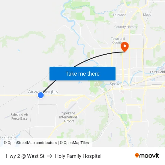 Hwy 2 @ West St to Holy Family Hospital map