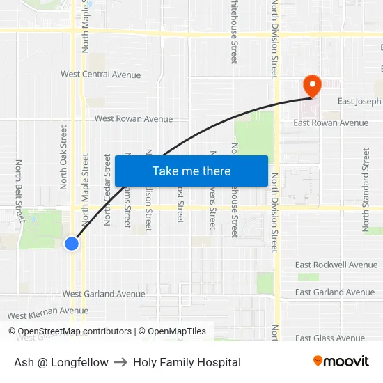 Ash @ Longfellow to Holy Family Hospital map