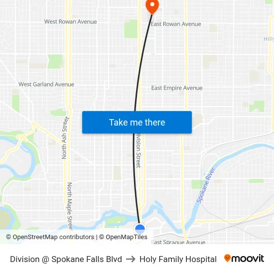 Division @ Spokane Falls Blvd to Holy Family Hospital map