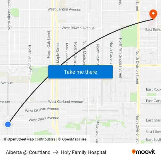Alberta @ Courtland to Holy Family Hospital map