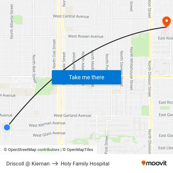 Driscoll @ Kiernan to Holy Family Hospital map