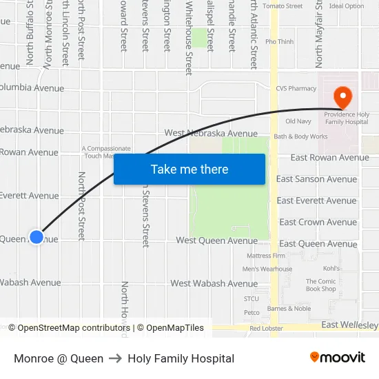 Monroe @ Queen to Holy Family Hospital map