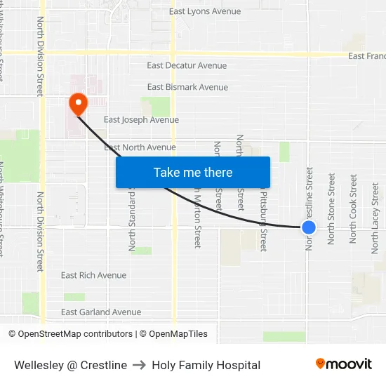 Wellesley @ Crestline to Holy Family Hospital map