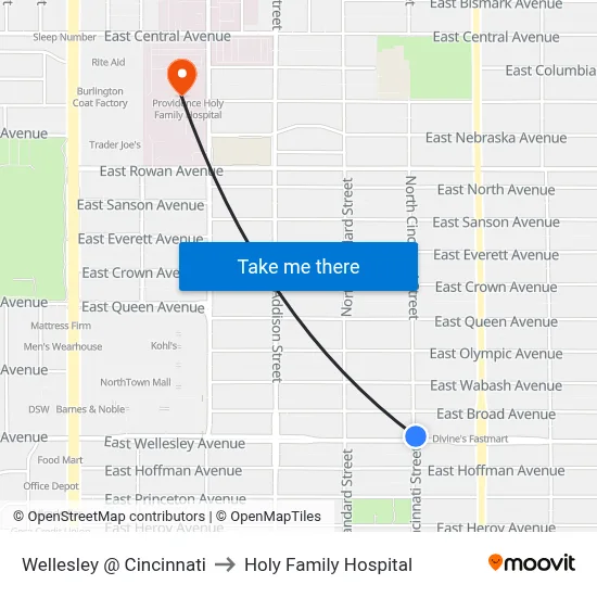 Wellesley @ Cincinnati to Holy Family Hospital map