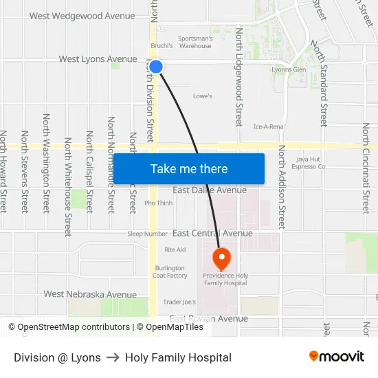 Division @ Lyons to Holy Family Hospital map