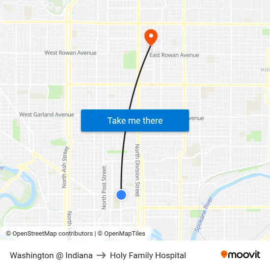 Washington @ Indiana to Holy Family Hospital map