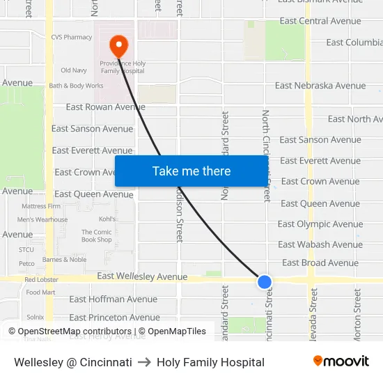 Wellesley @ Cincinnati to Holy Family Hospital map