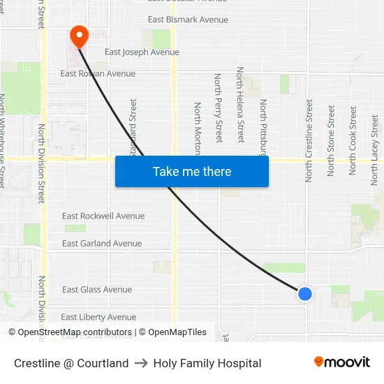 Crestline @ Courtland to Holy Family Hospital map