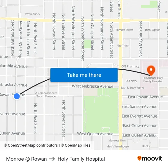 Monroe @ Rowan to Holy Family Hospital map