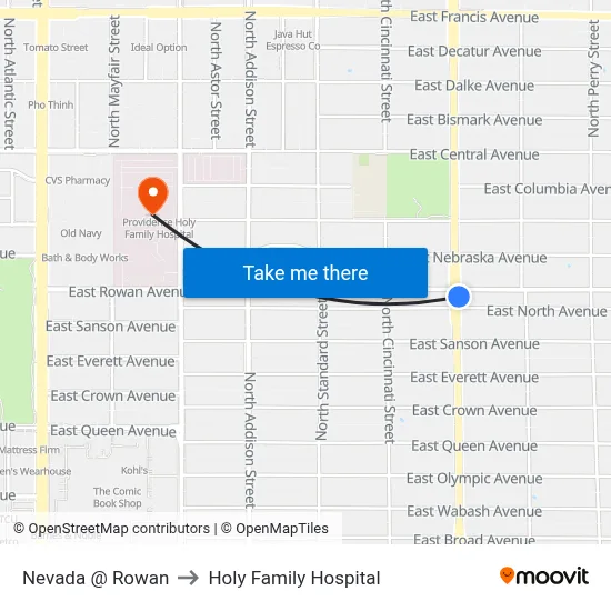 Nevada @ Rowan to Holy Family Hospital map