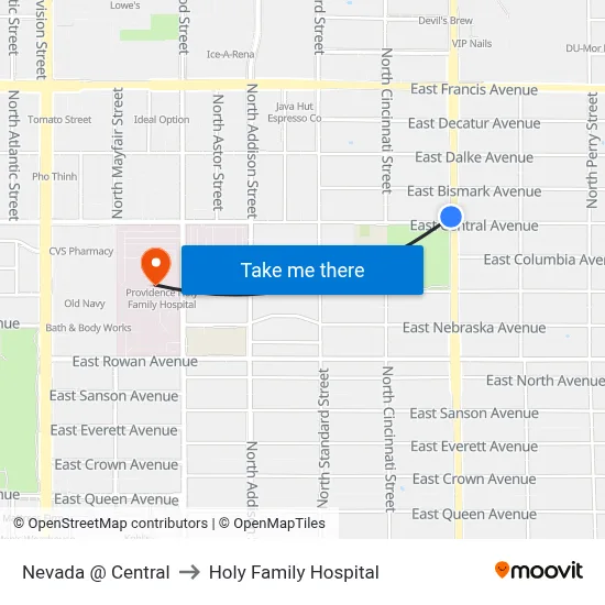 Nevada @ Central to Holy Family Hospital map