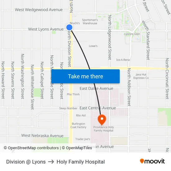 Division @ Lyons to Holy Family Hospital map