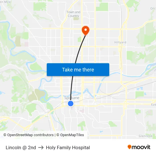 Lincoln @ 2nd to Holy Family Hospital map