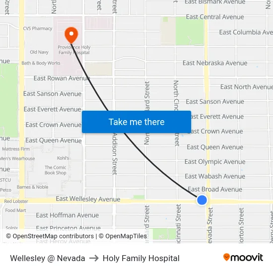 Wellesley @ Nevada to Holy Family Hospital map
