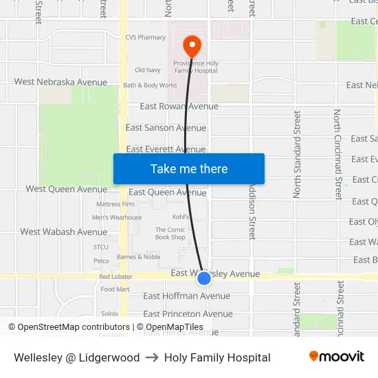Wellesley @ Lidgerwood to Holy Family Hospital map