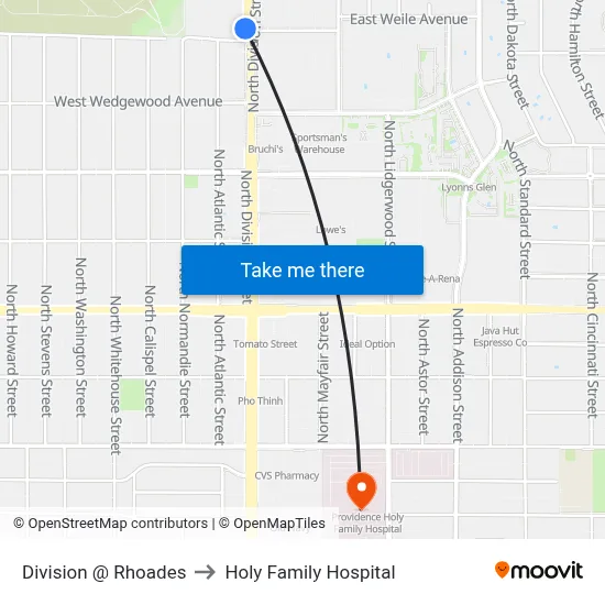 Division @ Rhoades to Holy Family Hospital map